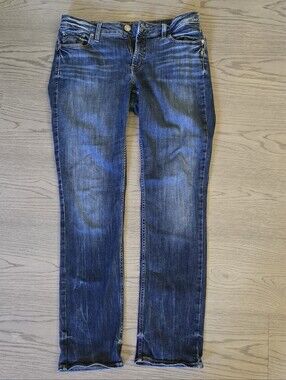 Silver Jeans Elyse Straight Leg Embroidered Low Rise Dark Blue Wash Jeans